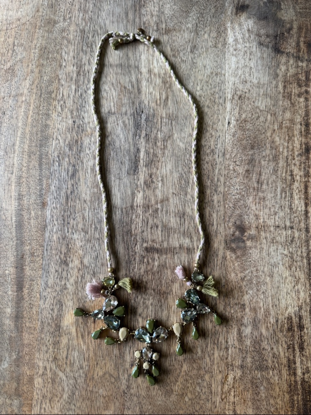 J. Crew Green and Cream Crystal Tassel Necklace